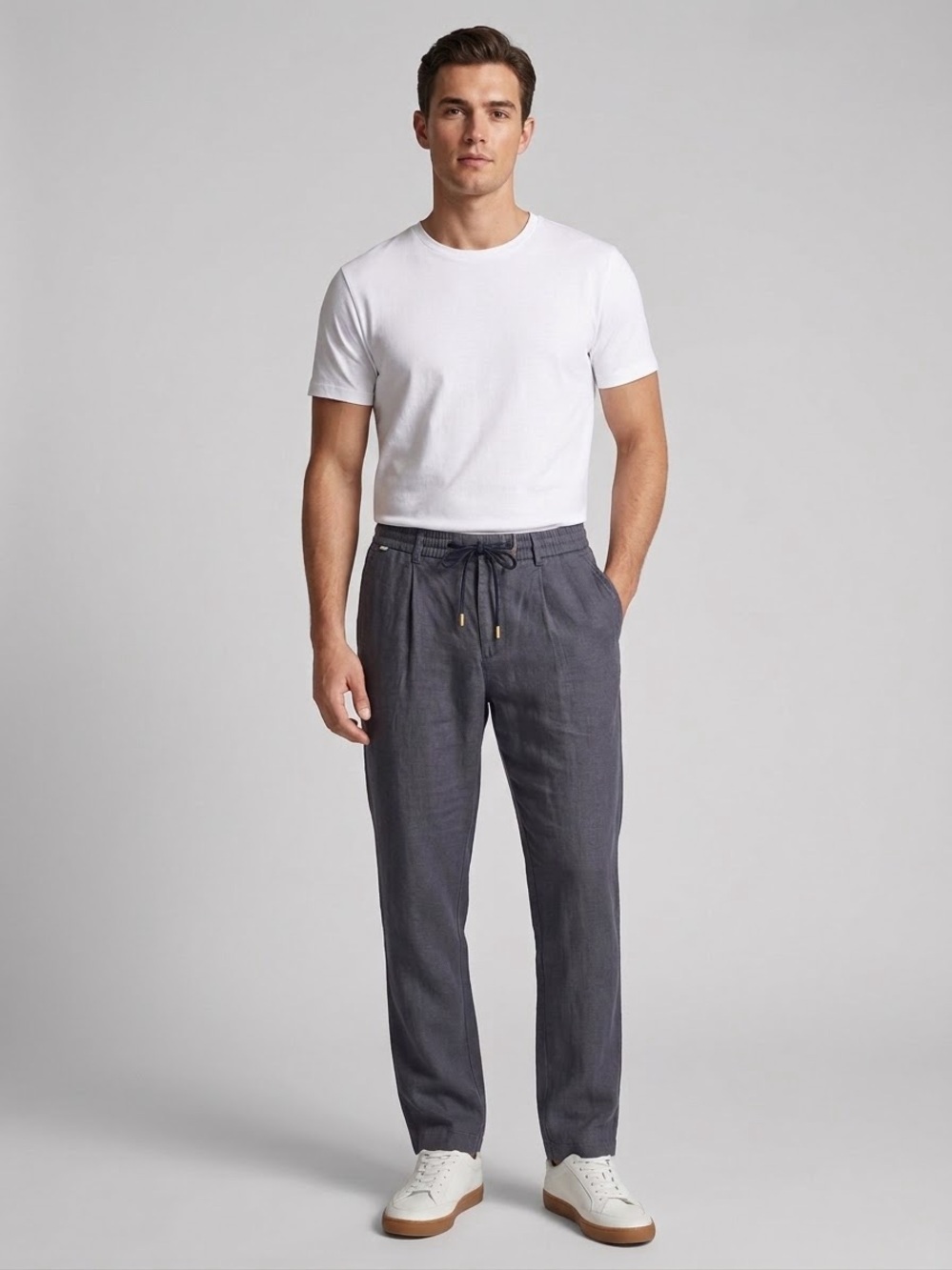 Hugo Boss Mens C-Perin Pleated Drawstring Trousers Elastic Waist Lyocell Linen